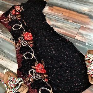 Flower/Print Button-Down Dress with Short Sleeves